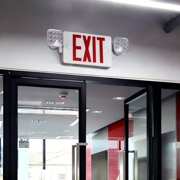20-Watt Equivalent 120-277-Volt Integrated LED Red Exit Sign with Emergency Lights, Emergency Light with Battery Backup