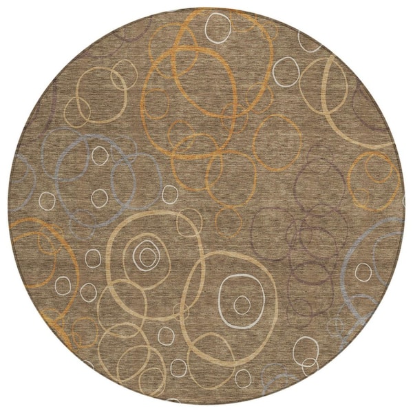 Chantille Machine Washable Indoor/Outdoor Abstract ACN2408 Brown 8 ft. x 8 ft. Round Rug