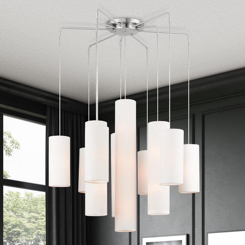 Strathmore Brushed Nickel 15-Light Tiered Foyer Chandelier with Off-White Shades