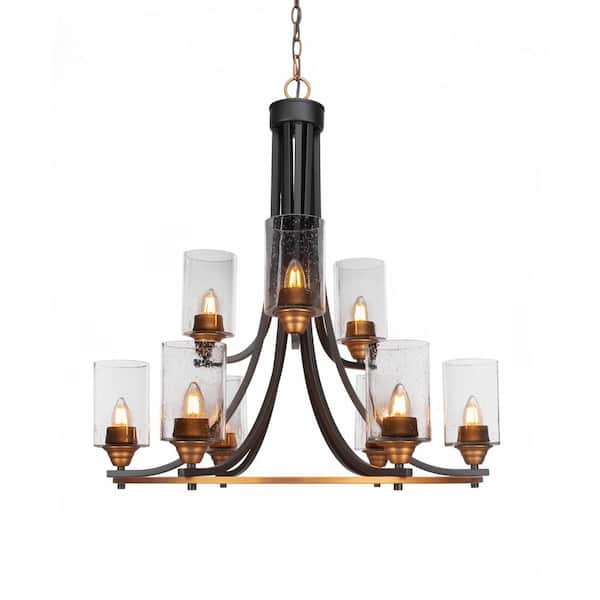 Unbranded Madison 9-Light Matte Black and Brass Round Chandelier with 5 in. Clear Ribbed Glass Shades, No bulbs included