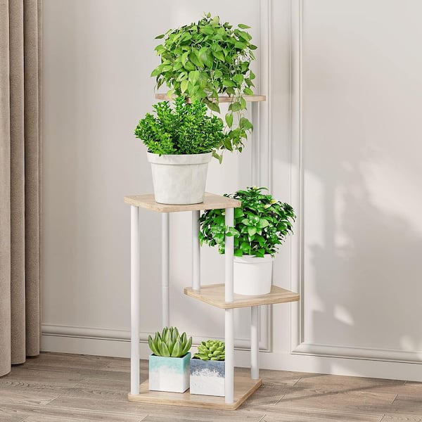 4-Tier White Plus Sonoma Oak Engineered Wood Plant Stand with