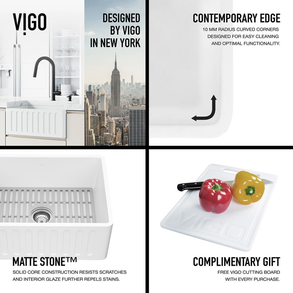 Matte White Stone 24" Single Bowl Farmhouse Kitchen Sink