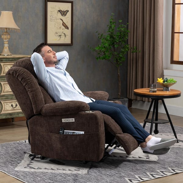 Brown Durable Chenille Power Lift Recliner Chair with Massage and Heating, USB and Type-C Ports
