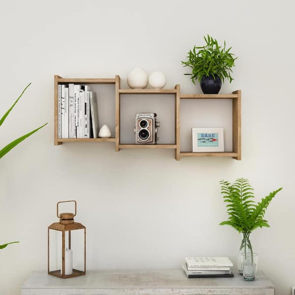 Long Cube Wall Shelves Set of 3, Pine Floating Book Shelves for Bedroom,  Rustic Large Corner Floating Shelf for Wall Display, Shadow Box Storage  Shelf