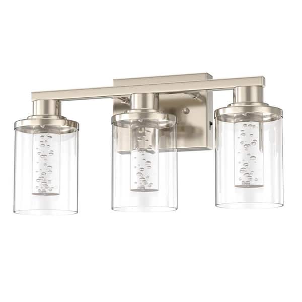 17 in. 3-Light Brushed Nickel Vanity Light with Clear Glass Shade，5CCT Dimmable LED Modern Bathroom Fixture for Mirror