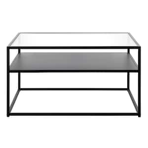 32 in. Black Square Glass Coffee Table with Shelves;Storage