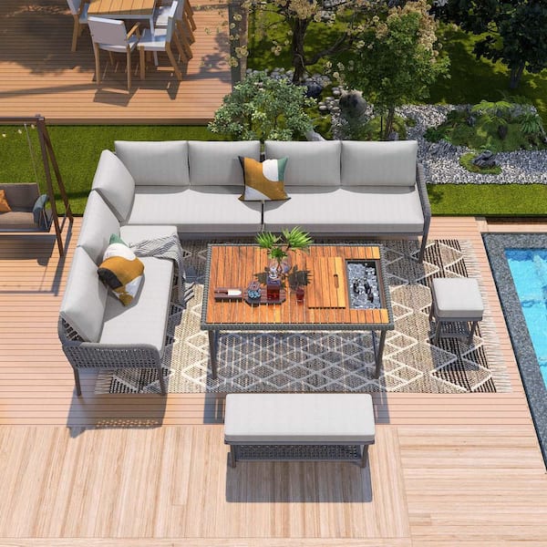 Unbranded 6-Piece Metal Patio Conversation Set with Gray Cushions, Outdoor Sectional Sofa Set with Acacia Wood Table with Ice Box