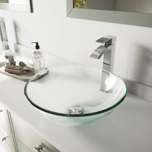 Glass Round Vessel Bathroom Sink in Iridescent with Duris Faucet and Pop-Up Drain in Chrome