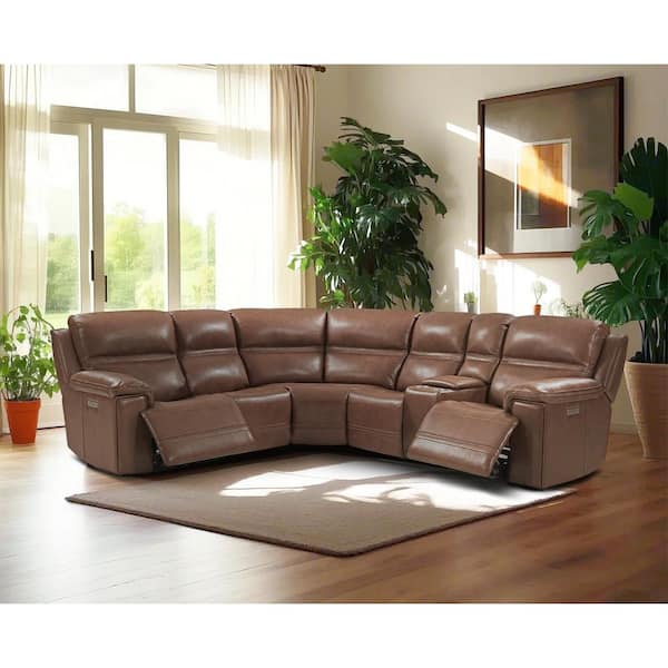 Van 108 in 5-Seaters Genuine Leather Dual Power Sectional Sofa with Console, USB Ports in. LightBrown