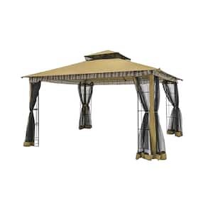 13 ft. x 11 ft. Beige Canopy Gazebo with Netting, Double Roof Canopy Shelter, Corner Frame Shelves for Backyard