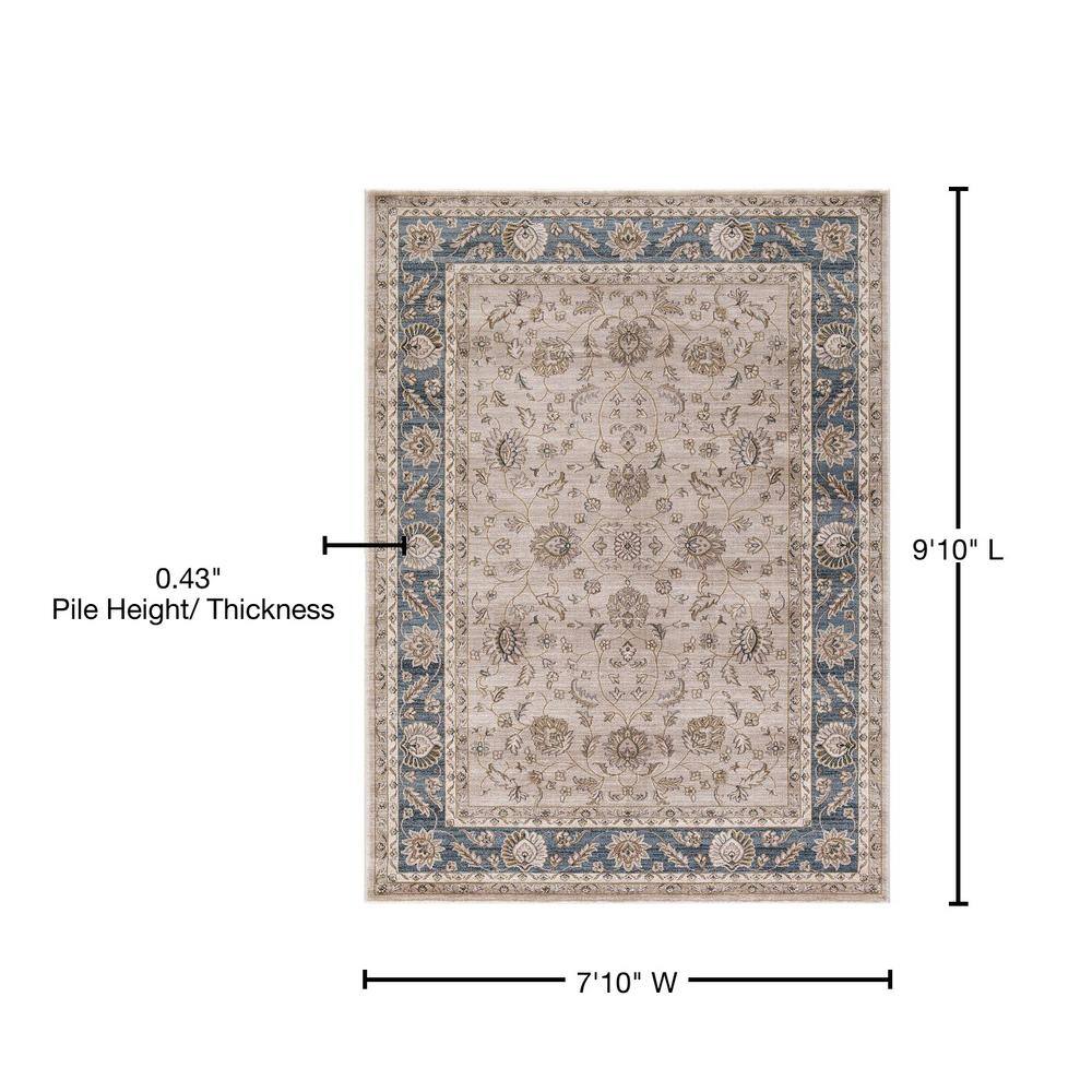 Beige and Blue Synthetic 8' x 10' Stain-Resistant Oriental Rug