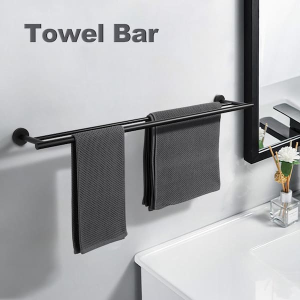 36 in. Wall Mounted Towel Bar in Matte Black, Stainless Steel Double Towel Holder