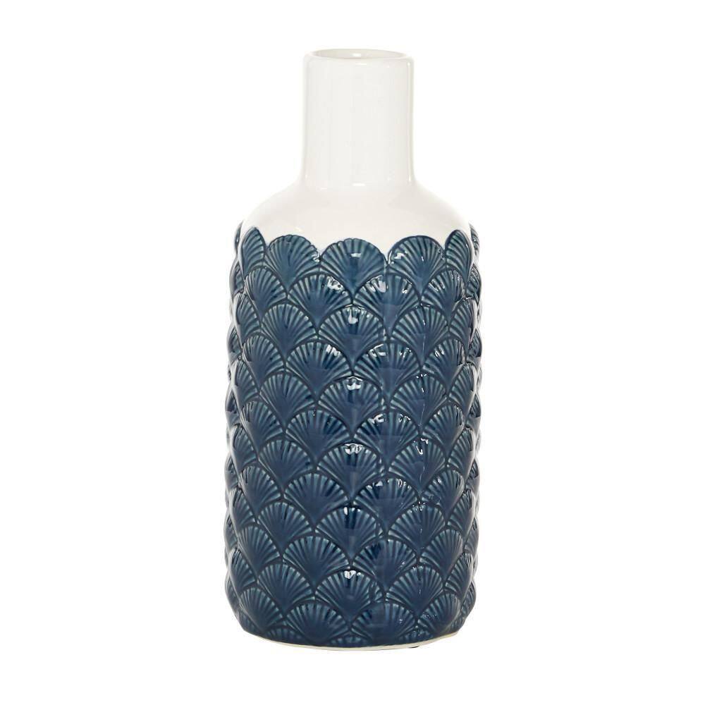 13" Blue and White Ceramic Scallop Decorative Vase