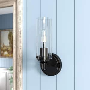 Fremont Farmhouse 1-Light Matte Black Dimmable Wall Sconce with Clear Striped Glass Shade