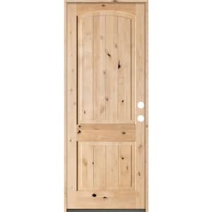 30 in. x 96 in. Rustic Knotty Alder Top Rail Arch V-Grooved Left-Hand Inswing Unfinished Wood Prehung Front Door