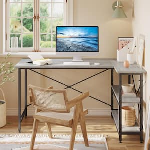 55 in. Light Grey Oak L Shaped Desk with Storage Shelves