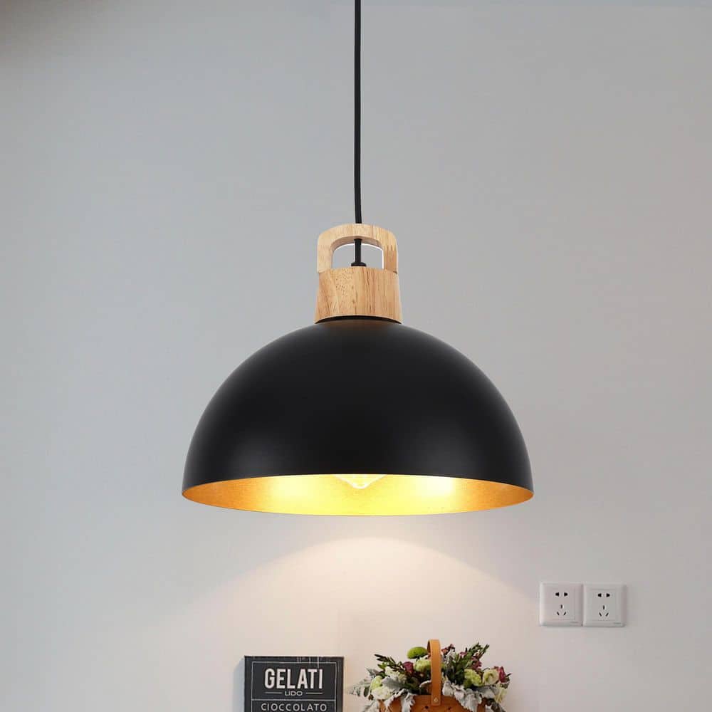 1-Light Black Industrial Metal Dome Shade Pendant Light with Wooden Top for Living Room Foyer Entryway price history on PriceWatchPro