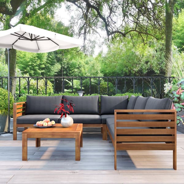 Unbranded 4-Piece Teak Outdoor Patio Sectional Sofa Set, Exotic Design Sofa Set with Acacia Coffee Table, Grey Cushions