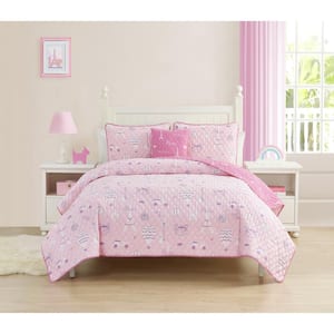 Dreaming of Paris 4-Pieces Pink Reversible Cotton Quilt Set-Full/Queen
