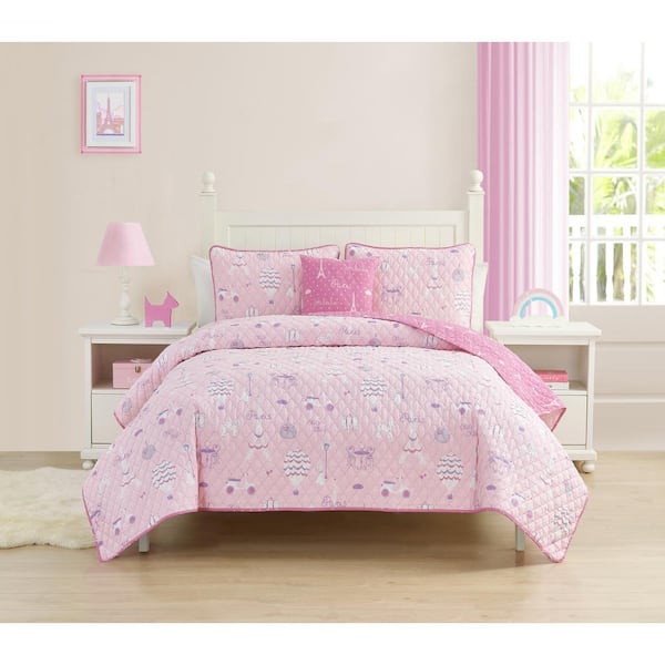 alex + bella Dreaming of Paris 4-Pieces Pink Reversible Cotton Quilt Set-Full/Queen