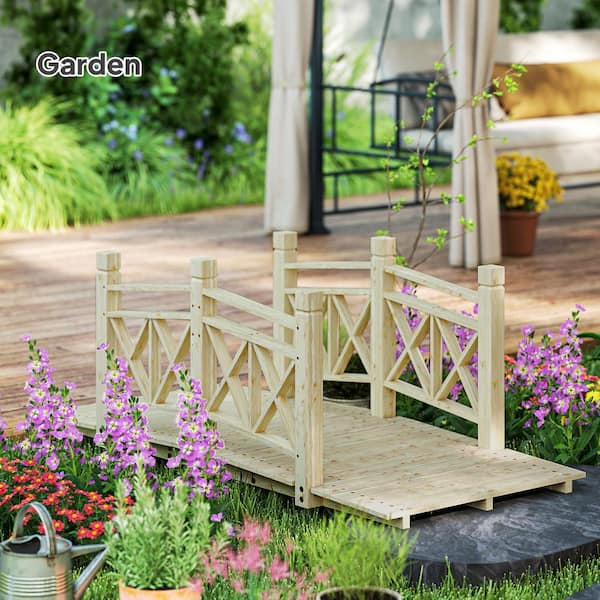 Outsunny 5 ft. Wooden Garden Bridge with Safety Rails, Backyard