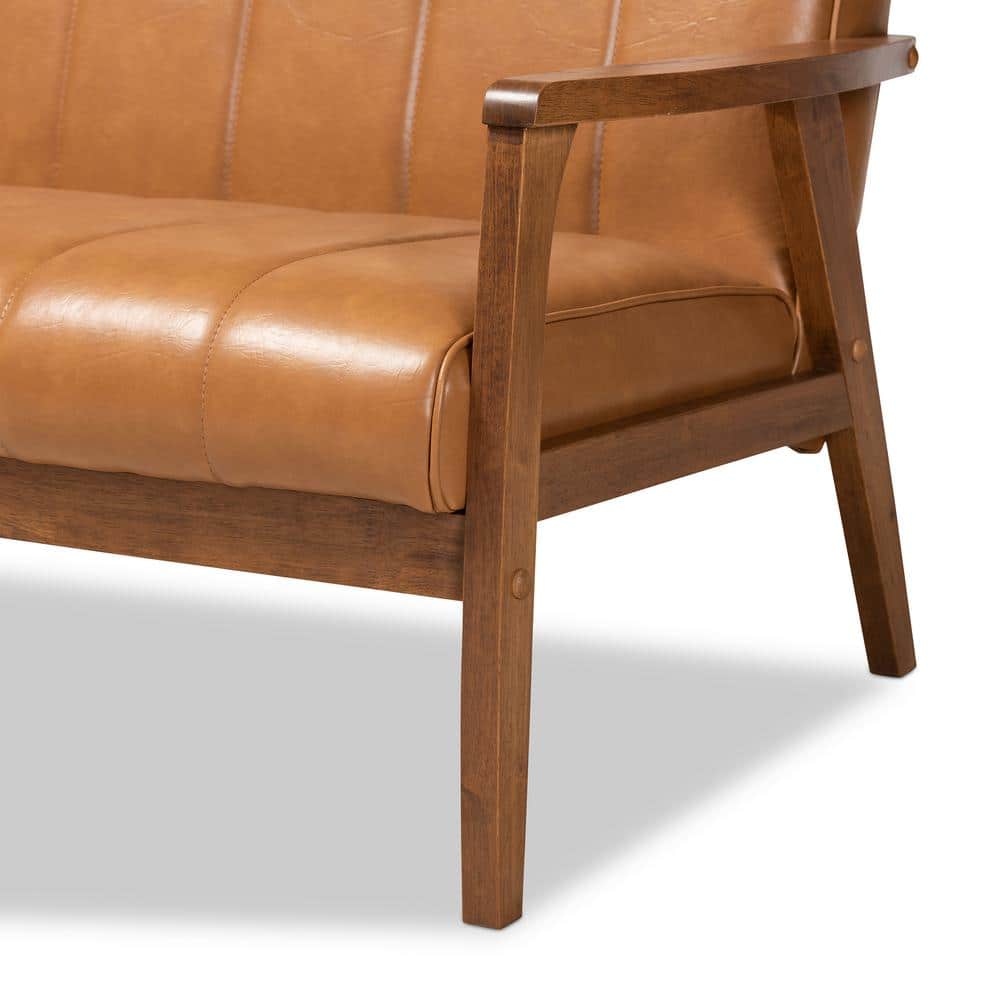 Nikko 64'' Walnut Brown Faux Leather Mid-Century Sofa