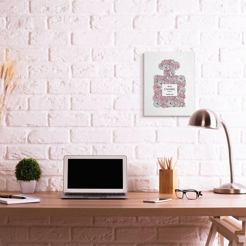 Pink and White Floral Perfume Bottle Canvas Wall Art, 16 x 20