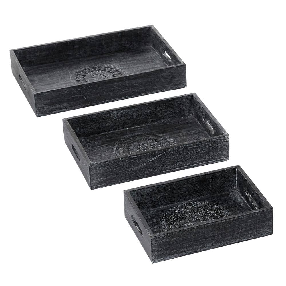 Black Wood Intricate Carved Floral Decorative Tray Set