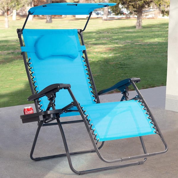 Blue Metal Outdoor Folding Recliner Zero Gravity Lounge Chair with Shade Canopy Cup Holder