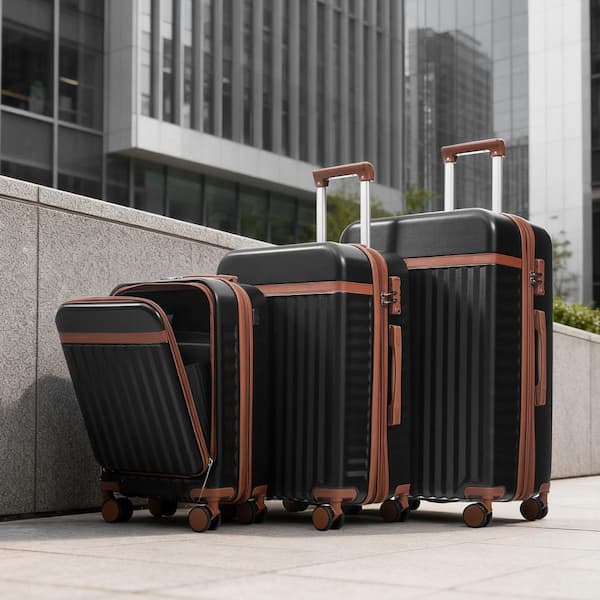 LIVACA 3-Piece Black ABS Plastic Hardside Spinner Luggage Set with