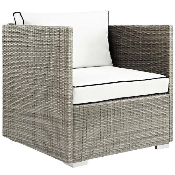 MODWAY Repose Wicker Rattan Outdoor Patio Arm Chair with Cushions in Light Gray White