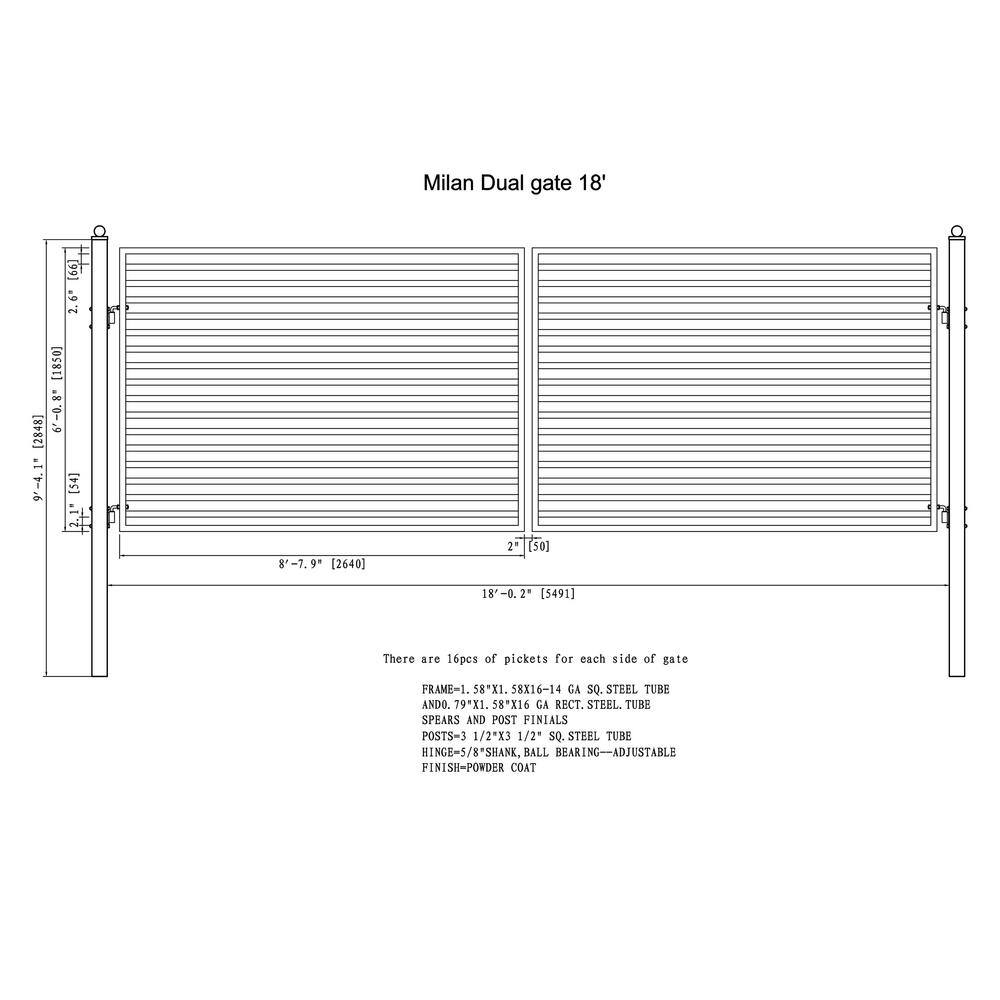 Milan Style Black Galvanized Steel Dual Swing Driveway Gate 18x6 Feet