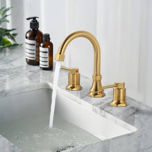 8 in. Widespread Double Handle Bathroom Faucet with Pop-up Drain Kit in Gold