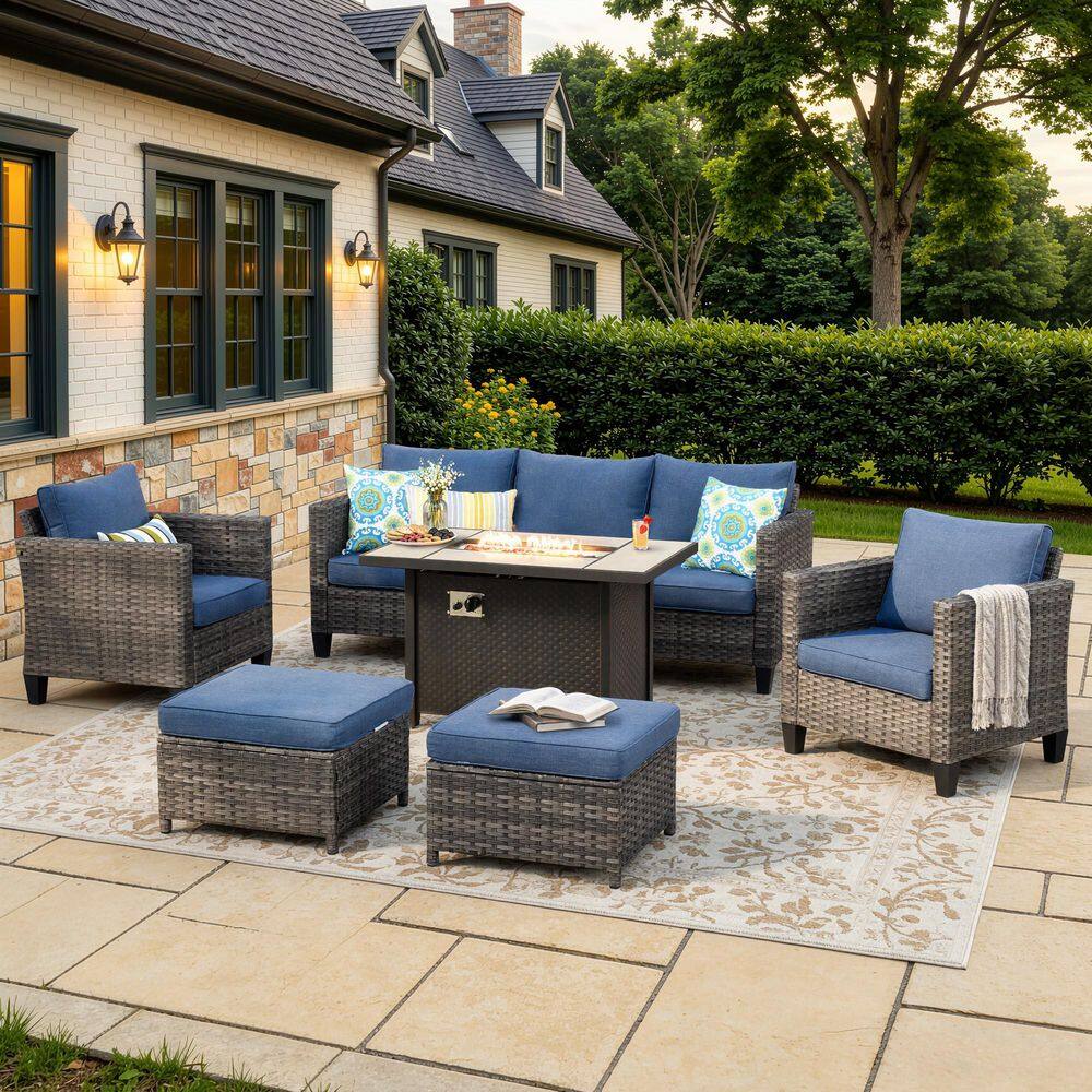 New Vultros Gray 6-Piece Wicker Patio Rectangle Fire Pit Conversation Set with Denim Blue Cushions price history on PriceWatchPro