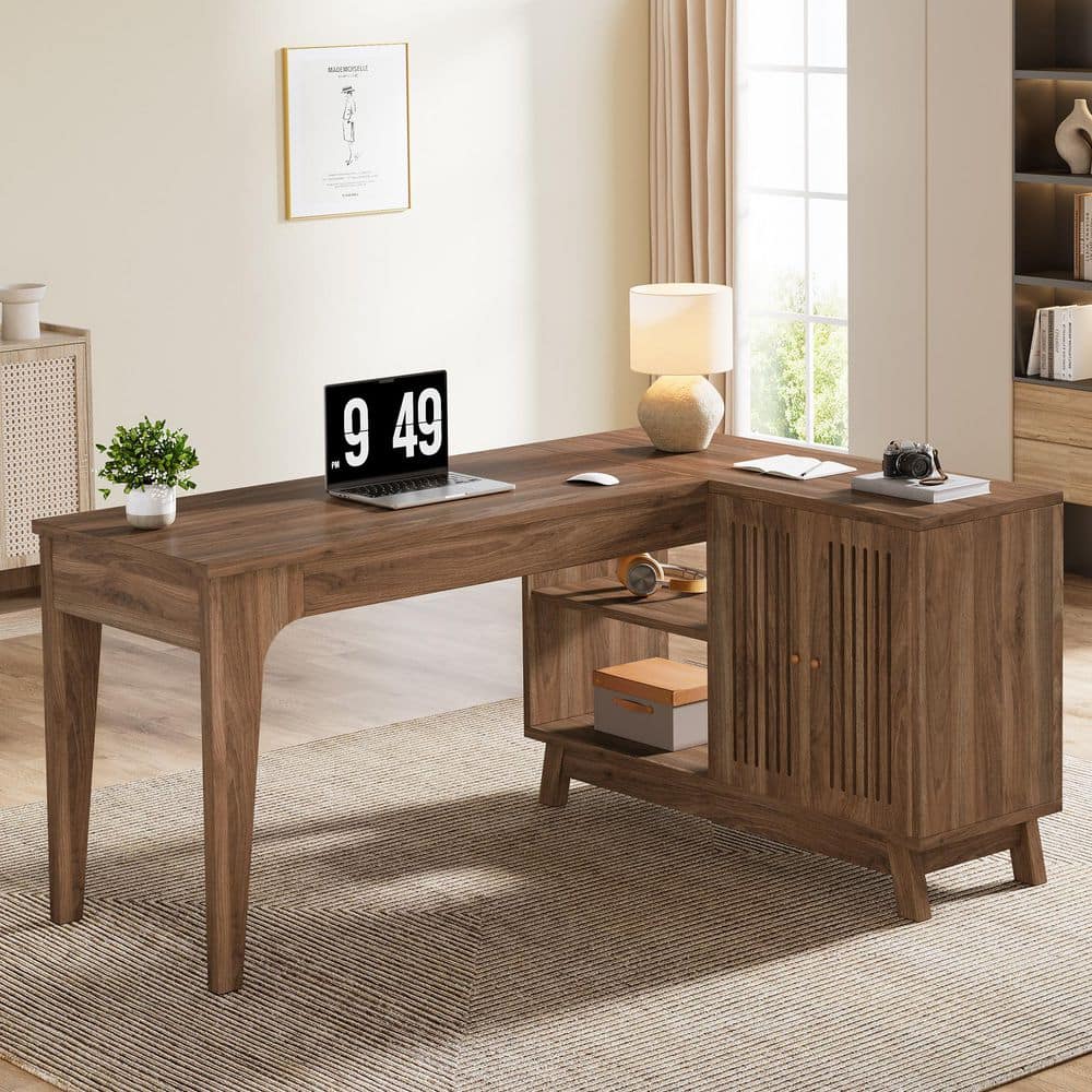 Moronia 57.1 in. Rustic Brown Wood Computer Desk with Cabinet and Open Shelf, L-Shaped Writing Desk for Home Office