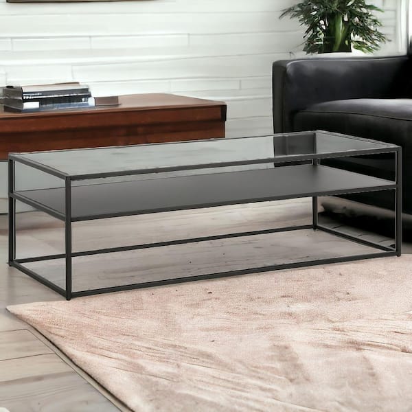 HomeRoots 54 in. Black Rectangle Glass Coffee Table with Shelves;Storage