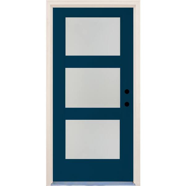 Builders Choice 36 in. x 80 in. Elite Atlantis Satin Etch Glass Contemporary 3 Lite Painted Fiberglass Prehung Front Door
