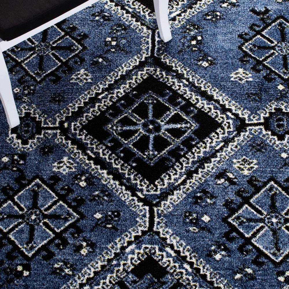 Blue and Black Rectangular Synthetic Vintage Area Rug