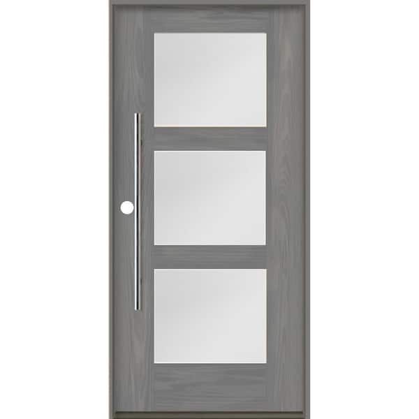 Krosswood Doors Modern Faux Pivot 36 in. x 80 in. 3-Lite Right-Hand/Inswing Satin Glass Malibu Grey Stain Fiberglass Prehung Front Door