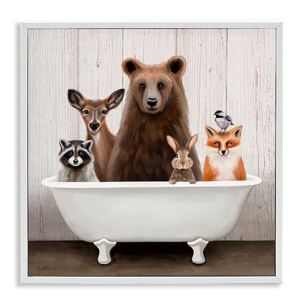 Stupell Industries Woodland Creatures Antique Bathtub by Elizabeth Tyndall 1 Piece White Framed Animal Giclee Art Print 24 in. x 24 in.