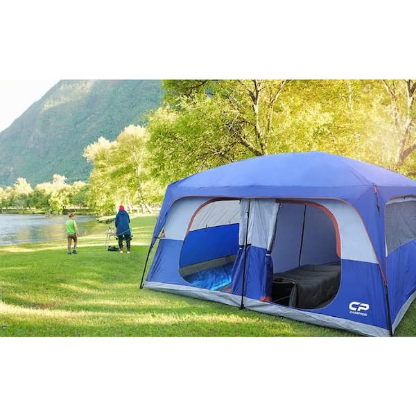 Cesicia Outdoor Double Layer 14 ft. x 12 ft. x 84 in. 12-Person Blue Fabric Camping Tent with 2 Room and Mesh Windows