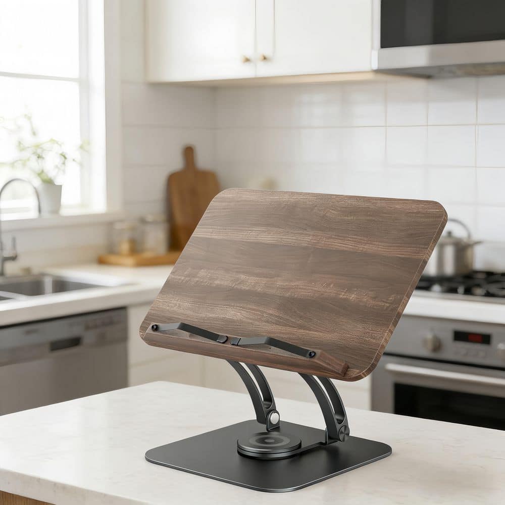 Foldable Recipe Stand with 360° Swivel Base, Elastic Page Clips for Reading, Music Scores, Tablet, Laptop, Gray (1-Pack)