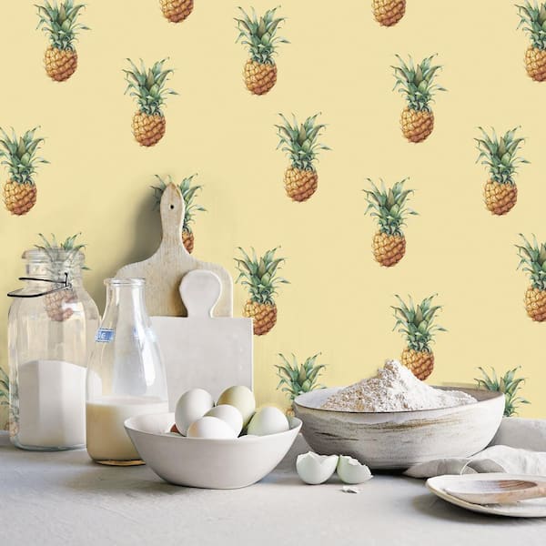 Pineapples Yellow Matte Finish Vinyl on Non-Woven Non-Pasted Wallpaper Roll