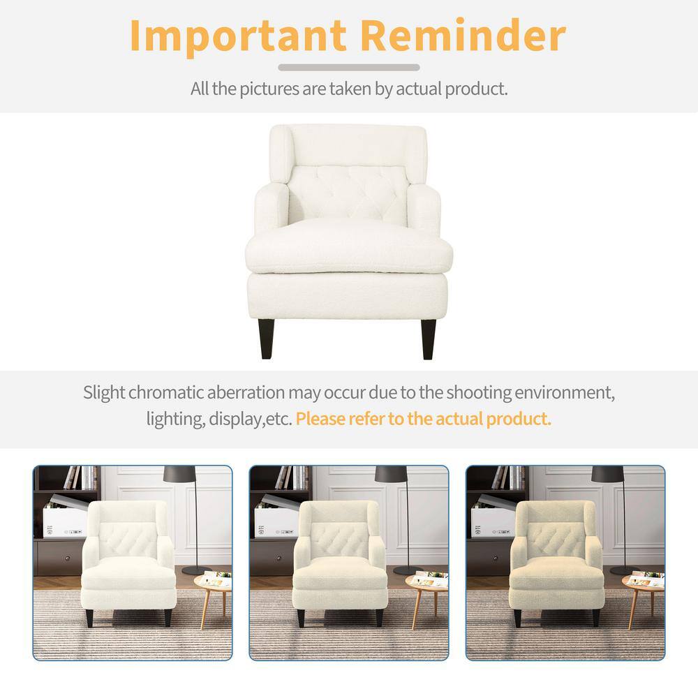 Modern White Teddy Fabric Upholstered Accent Chair with Wood Legs
