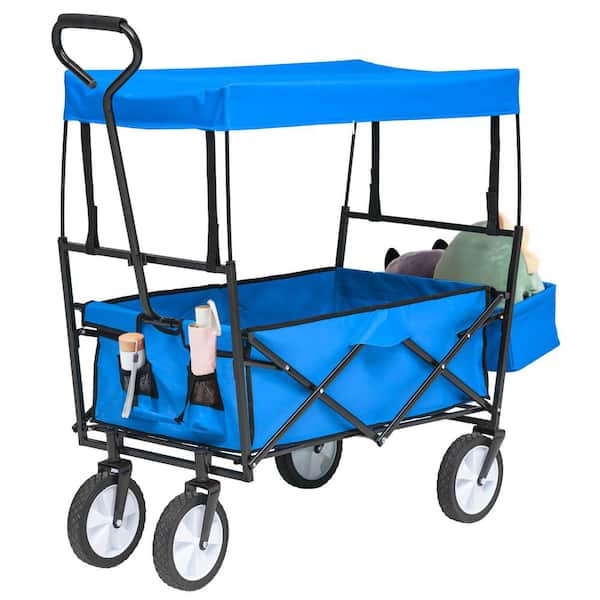 Jushua 3.4 cu.ft. Steel Outdoor Blue Utility Cart Folding Garden Cart with Canopy and Adjustable Wheels