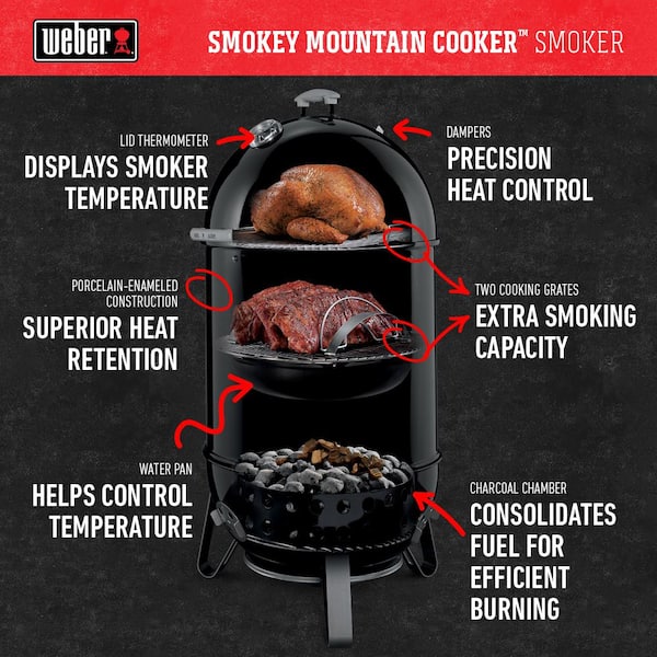 Weber 22 in. Smokey Mountain Cooker Smoker in Black with Cover and