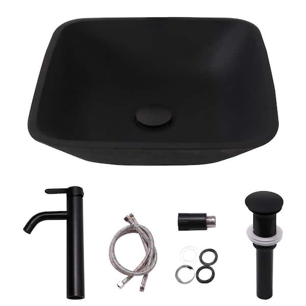 16 in. Matte Black Above Counter Square Bathroom Glass Vessel Sink with Faucet