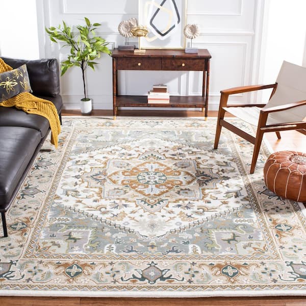 Heritage Ivory/Light Blue 10 ft. x 14 ft. Border Floral Medallion Area Rug