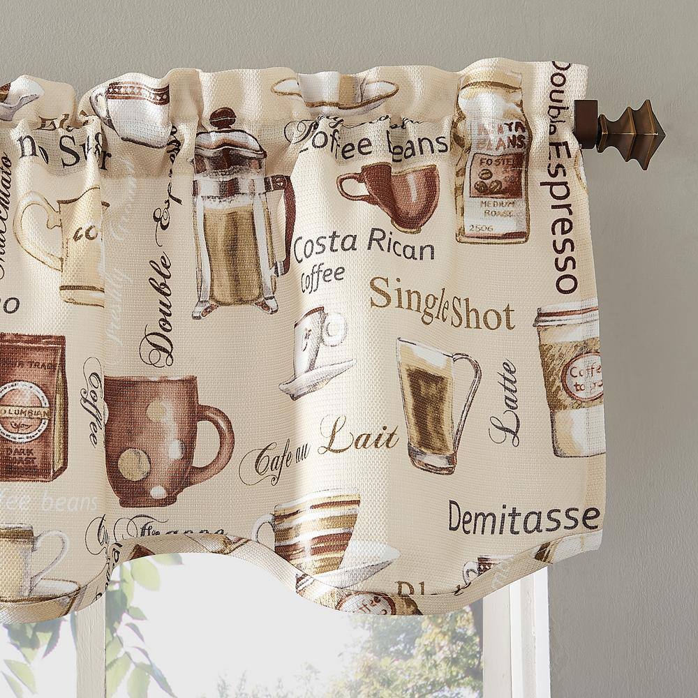 Ivory Coffee Shop Print Semi-Sheer Rod Pocket Kitchen Curtain Set