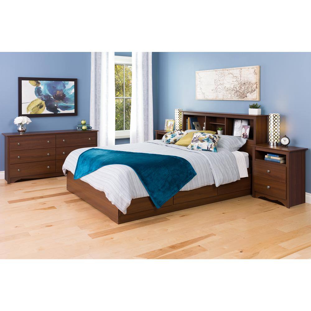 Full/Queen Cherry Wood Bookcase Headboard with Storage